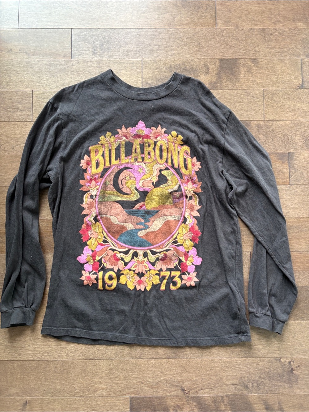 Billabong Black Long Sleeve Tee with Pink & Yellow Floral Graphic